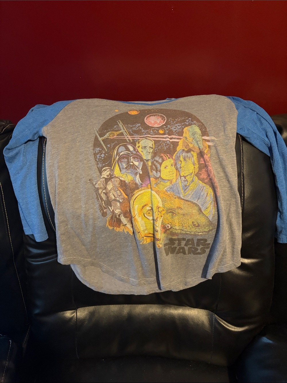 Star Wars Gray Tee with Blue Raglan Sleeves and Classic Character Art
